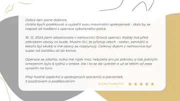 Poděkování pacientky za operaci vbočeného palce