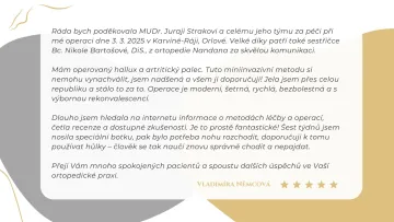 Poděkování od pacientky po operaci hallux a artritického palce