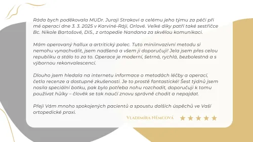Poděkování od pacientky po operaci hallux a artritického palce
